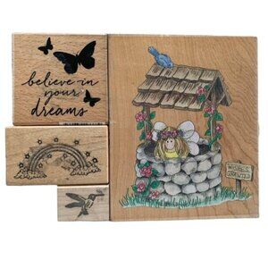 Wishing Well & Assorted Rubber Stamps Set "Believe In Your Dreams" Wood Mounted